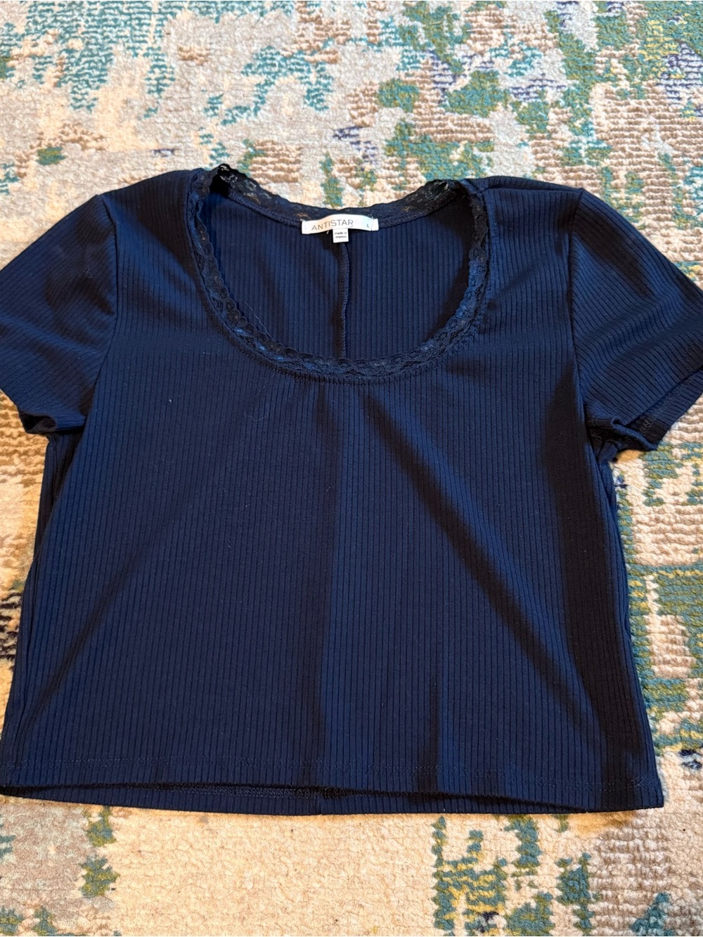 Antistar Navy Ribbed Lace-Trim Crop Top